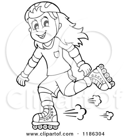 Cartoon of an Outlined Happy Girl Roller Blading - Royalty Free Vector Clipart by visekart