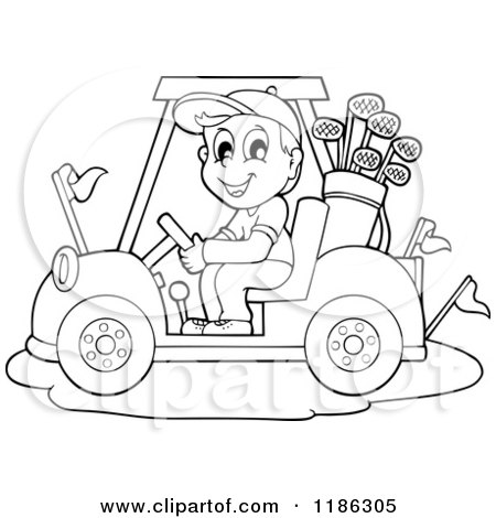 Cartoon of an Outlined Happy Man Driving a Golf Cart - Royalty Free Vector Clipart by visekart