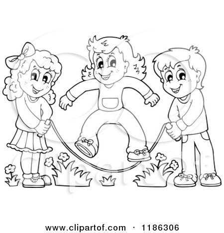 Cartoon of Outlined Happy Children Playing Jump Rope - Royalty Free Vector Clipart by visekart