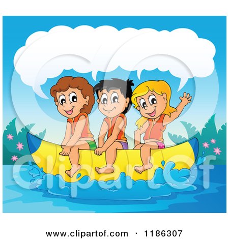 Cartoon of Happy Talking Children Riding a Banana Boat - Royalty Free Vector Clipart by visekart