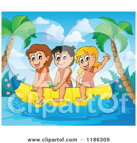 Cartoon of Happy Children Wearing Life Jackets and Riding a Banana Boat 2 - Royalty Free Vector Clipart by visekart