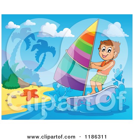 Cartoon of a Happy Boy Wind Surfing near a Beach - Royalty Free Vector Clipart by visekart
