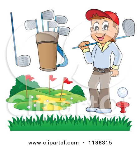 Cartoon of a Happy Man and Golf Elements - Royalty Free Vector Clipart by visekart