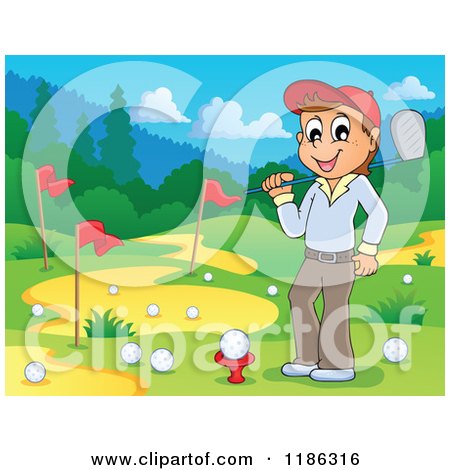 Cartoon of a Happy Man on a Golf Course - Royalty Free Vector Clipart by visekart
