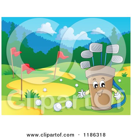 Cartoon of a Happy Golf Bag Mascot on a Course - Royalty Free Vector Clipart by visekart