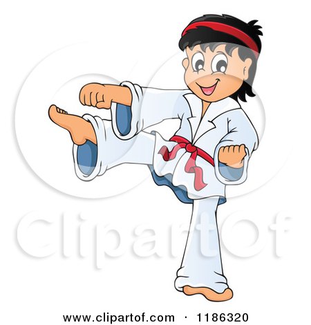 Cartoon of a Kicking Red Belt Karate Boy - Royalty Free Vector Clipart by visekart