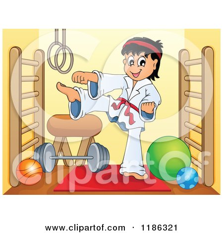 Cartoon of a Kicking Red Belt Karate Boy in a Gym - Royalty Free Vector Clipart by visekart