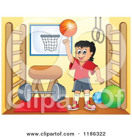 Cartoon of a Happy Boy Spinning a Basketball in a Gym - Royalty Free Vector Clipart by visekart