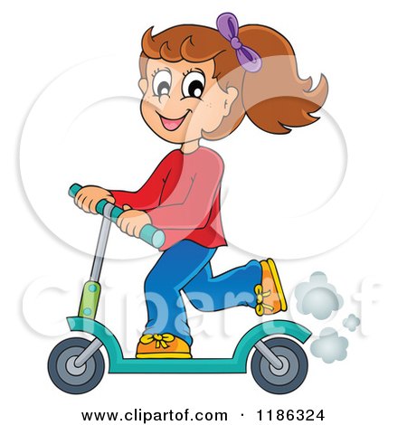Cartoon of a Happy Girl Riding a Scooter - Royalty Free Vector Clipart by visekart