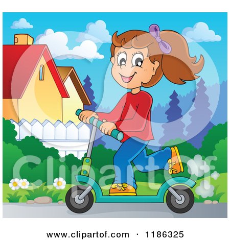 Cartoon of a Happy Girl Riding a Scooter in a Neighborhood - Royalty Free Vector Clipart by visekart