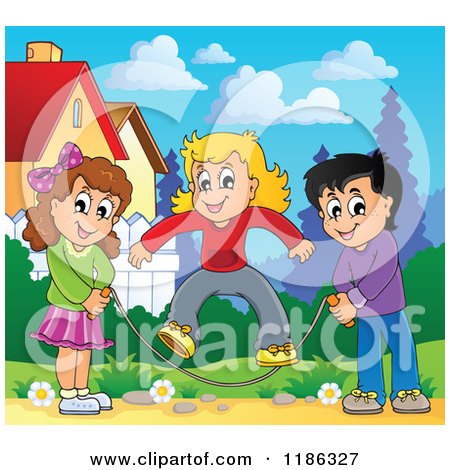 Cartoon of Happy Children Playing Jump Rope in a Meadow - Royalty Free Vector Clipart by visekart
