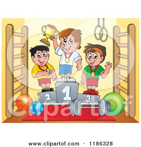 Cartoon of Boys on Placement Podiums in a Gym - Royalty Free Vector Clipart by visekart