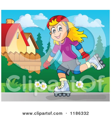 Cartoon of a Happy Girl Roller Blading in a Neighborhood| Royalty Free Vector Clipart by visekart