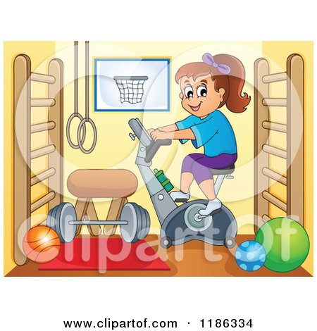 Cartoon of a Girl Riding a Spin Bike in a Gym- Royalty Free Vector Clipart by visekart