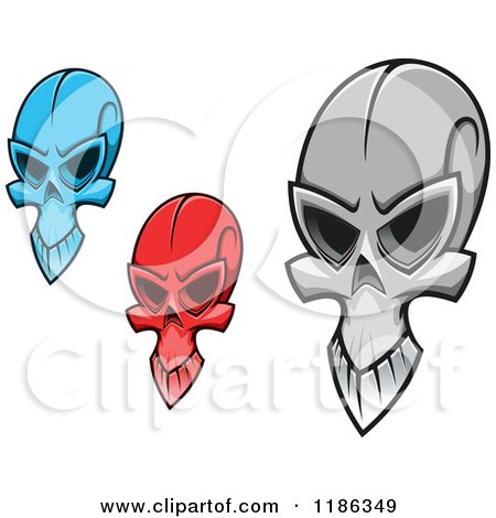 Clipart of Creepy Red Blue and Grayscale Skulls - Royalty Free Vector Illustration by Vector Tradition SM