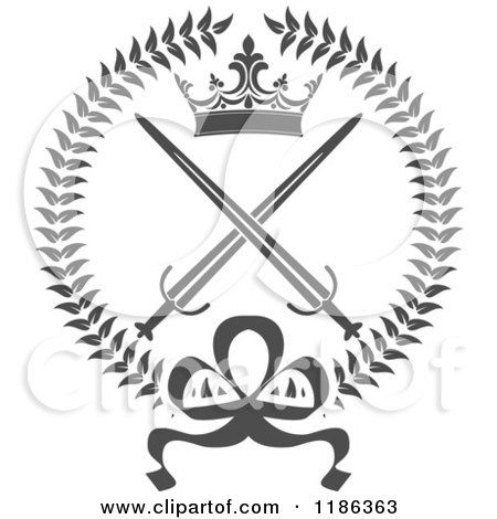 Clipart of a Gray Laurel Wreath with a Crown and Crossed Swords 2 - Royalty Free Vector Illustration by Vector Tradition SM