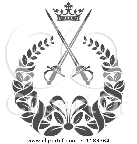 Clipart of a Gray Laurel Wreath with a Crown and Crossed Swords - Royalty Free Vector Illustration by Vector Tradition SM