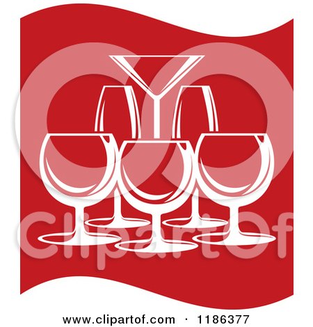 Clipart of White Wine Champagne and Cocktail Glasses on Wavy Red - Royalty Free Vector Illustration by Vector Tradition SM
