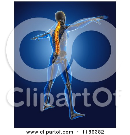 Clipart of a 3d Xray Man with a Highlighted Spine, Standing with His Arms out - Royalty Free CGI Illustration by KJ Pargeter