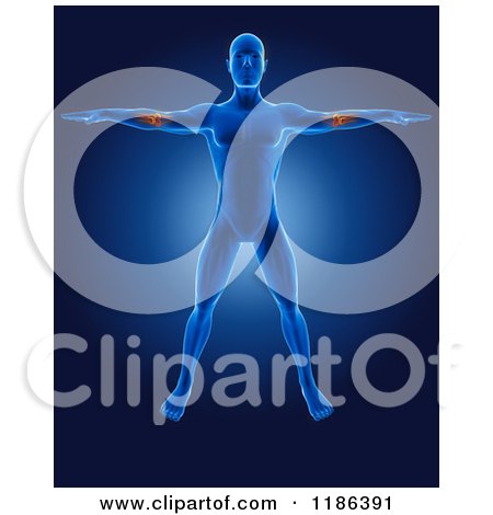 Clipart of a 3d Xray Man with a Glowing Elbow Joints, Standing with His Arms out - Royalty Free CGI Illustration by KJ Pargeter