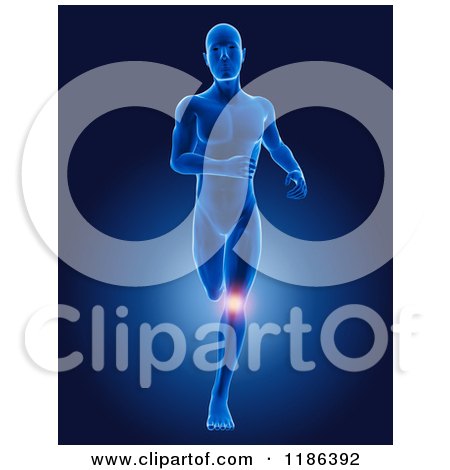 Clipart of a 3d Running Xray Man with Glowing Painful Knee Pain - Royalty Free CGI Illustration by KJ Pargeter