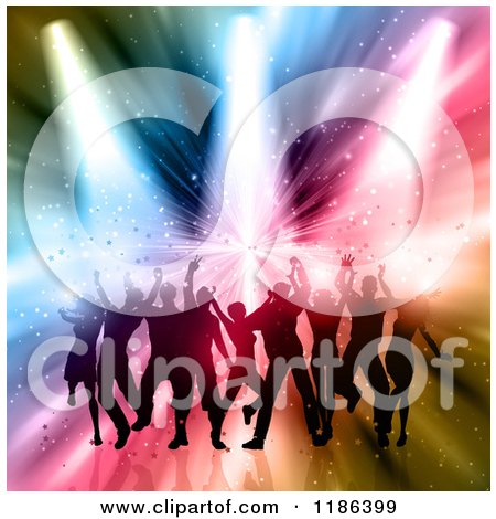 Clipart of Silhouetted People Dancing over Colorful Lights - Royalty Free Vector Illustration by KJ Pargeter
