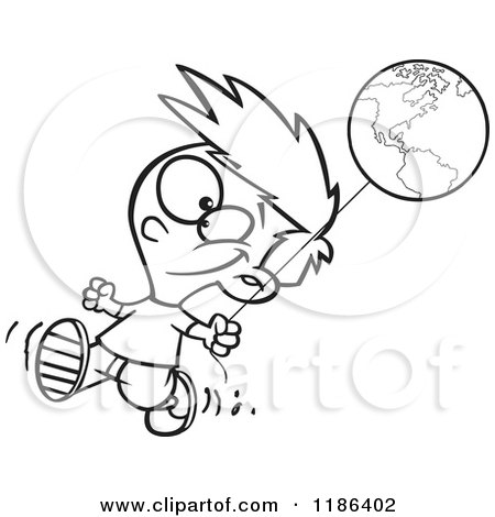 Cartoon of a Black And White Happy Boy Walking with an Earth Day Balloon - Royalty Free Vector Clipart by toonaday
