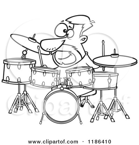Cartoon of a Black And White Drummer Dude with His Instruments - Royalty Free Vector Clipart by toonaday