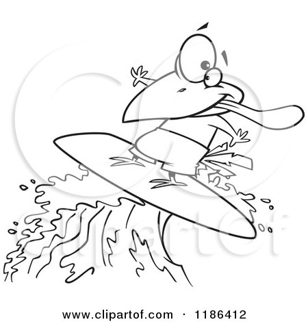 Cartoon of a Black And White Surfer Bird Riding a Wave - Royalty Free Vector Clipart by toonaday