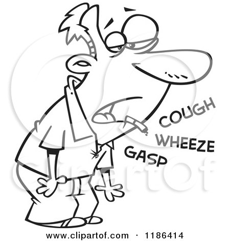 Cartoon of a Black And White Quitting Smoking Man Coughing Wheezing and Gasping - Royalty Free Vector Clipart by toonaday