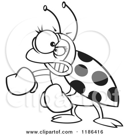 Cartoon of a Black And White Mad Ladybug with Boxing Gloves - Royalty Free Vector Clipart by toonaday