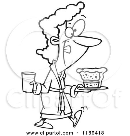 Cartoon of a Black And White Woman in a Robe, Licking Her Lips and Carrying Milk and Cake - Royalty Free Vector Clipart by toonaday