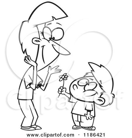 Cartoon of a Black And White Sweet Boy Giving His Mom a Flower - Royalty Free Vector Clipart by toonaday