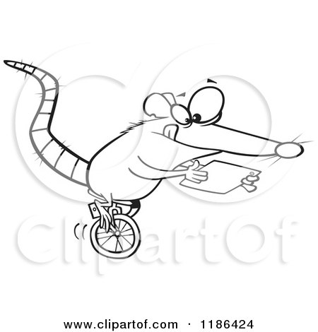 Cartoon of a Black And White Rat Riding a Unicycle and Using a Tablet Computer - Royalty Free Vector Clipart by toonaday