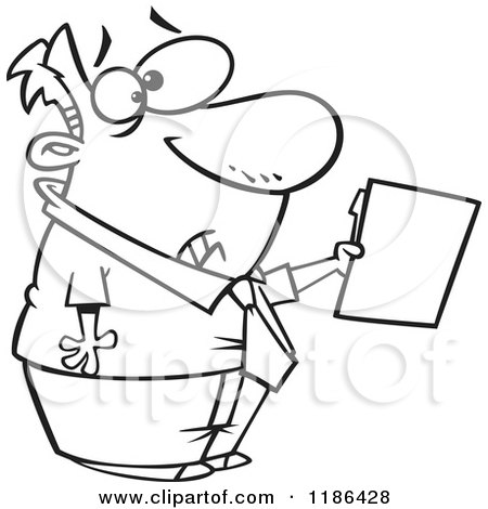 Cartoon of a Black And White Scared Man Holding out a File - Royalty Free Vector Clipart by toonaday