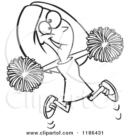 Cartoon of a Black And White Happy Cheerleader Jumping with Pom Poms - Royalty Free Vector Clipart by toonaday