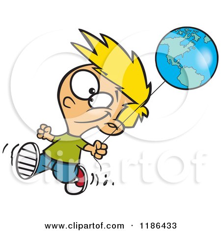 Cartoon of a Happy Blond Boy Walking with an Earth Day Balloon - Royalty Free Vector Clipart by toonaday