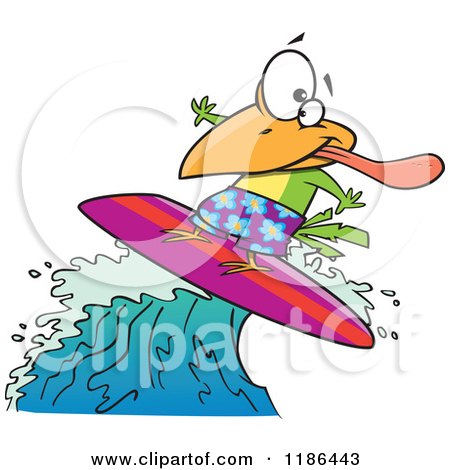 Cartoon of a Surfer Bird Riding a Wave - Royalty Free Vector Clipart by toonaday