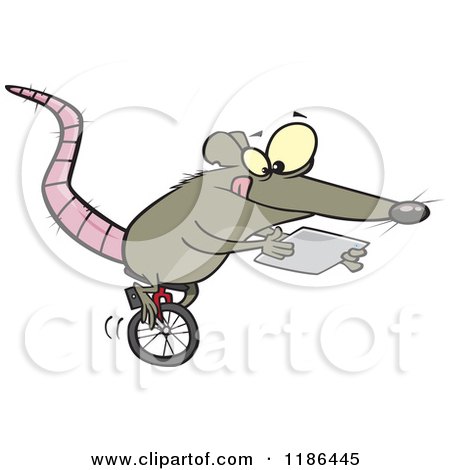 Cartoon of a Rat Riding a Unicycle and Using a Tablet Computer - Royalty Free Vector Clipart by toonaday