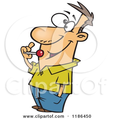 Cartoon of a Giddy Man Eating a Lolipop - Royalty Free Vector Clipart by toonaday