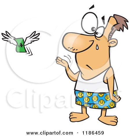 Cartoon of a Crying Man Stripped to His Boxers As His Money Flies Away on Tax Day - Royalty Free Vector Clipart by toonaday