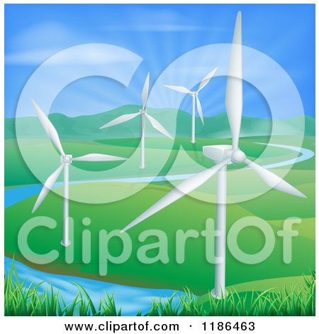 Clipart of Wind Farm Turbines in a Hilly Landscape with a Spring and Sunshine - Royalty Free Vector Illustration by AtStockIllustration