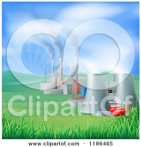 Clipart of a Power Plant with Smoke Stacks and Nuclear Structures - Royalty Free Vector Illustration by AtStockIllustration