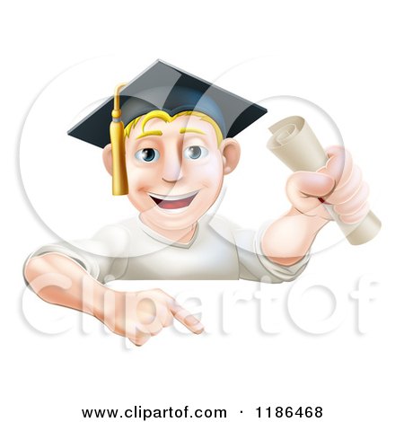 Cartoon of a Happy Blond Graduate Man Holding a Certificate and Pointing down at a Sign - Royalty Free Vector Clipart by AtStockIllustration