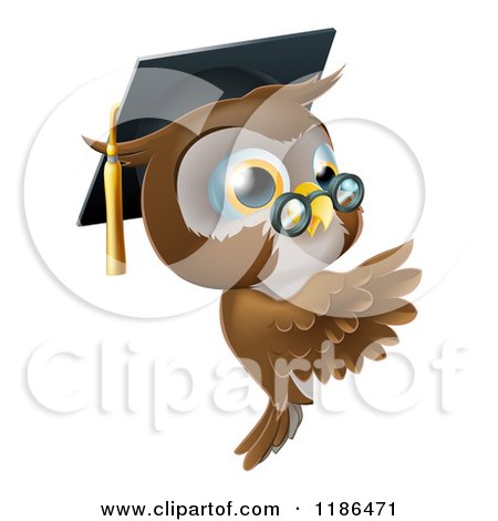 Cartoon of a Professor Owl Wearing a Graduation Cap and Presenting a Sign - Royalty Free Vector Clipart by AtStockIllustration
