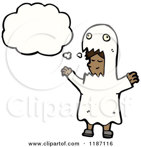 Cartoon of a Child Wearing a Ghost Costume Thinking - Royalty Free Vector Illustration by lineartestpilot