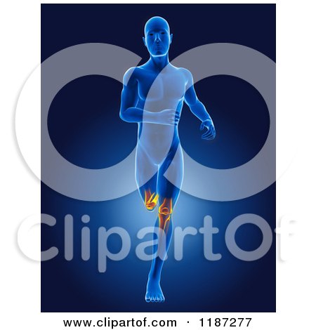 Clipart of a 3d Running Xray Man with Glowing Knees on Blue - Royalty Free CGI Illustration by KJ Pargeter