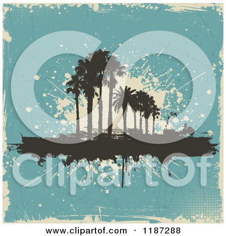 Clipart of Silhouetted Palm Trees over Blue and Beige Grunge - Royalty Free Vector Illustration by KJ Pargeter