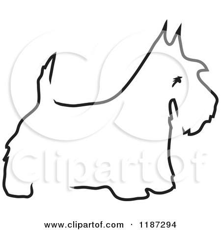 Cartoon of a Sketched Black and White Outline of a Scottie Dog - Royalty Free Vector Clipart by Maria Bell