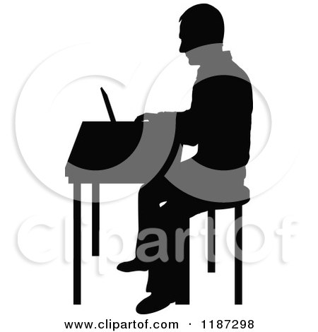 Cartoon of a Black Silhouetted Man Working on a Laptop at a Desk - Royalty Free Vector Clipart by Maria Bell